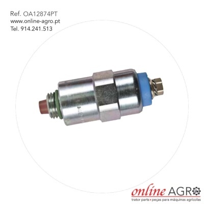 Componente metálico cilíndrico com rosca e base azul sobre fundo branco com texto e logótipo