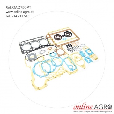 Conjunto de juntas para máquinas agrícolas com múltiplas peças coloridas e texto de referência e contacto.