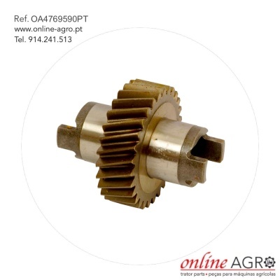 Engrenagem metálica dourada com texto de referência e contacto