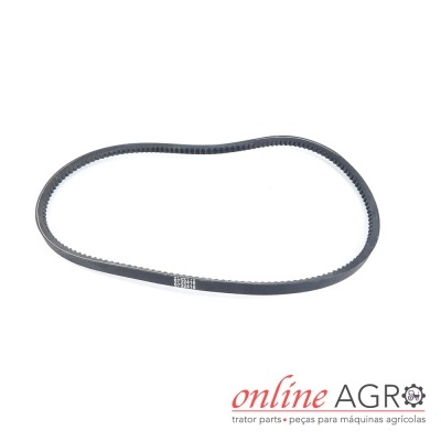 Correia dentada preta sobre fundo branco com texto online AGRO trator parts • peças para máquinas agrícolas