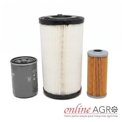 Três filtros agrícolas de diferentes tamanhos sobre fundo branco com logotipo online AGRO