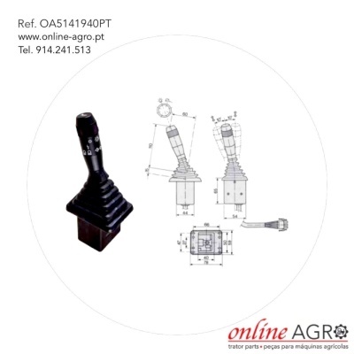 Joystick preto para maquinaria agrícola com desenhos técnicos e texto da referência e contato.