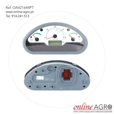 Painel de instrumentos com mostrador analógico e digital e texto de referência e contacto