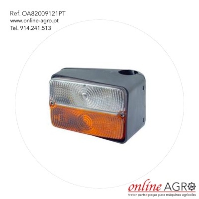 Luz retangular branca e laranja para veículos agrícolas com estrutura preta, texto e logo online AGRO