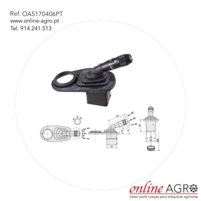 Joystick preto para maquinaria agrícola com desenhos técnicos e texto de referência