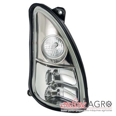 Farol dianteiro para máquina agrícola com lente transparente e estrutura preta
