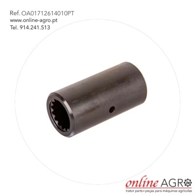 Peça metálica cilíndrica para máquinas agrícolas com texto informativo