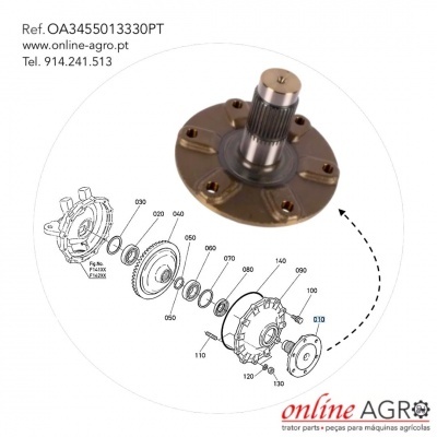 Peça metálica de maquinaria agrícola com diagrama técnico e informações de contacto online AGRO.