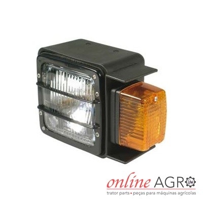 Luz quadrada preta com lente transparente frontal e luz âmbar lateral