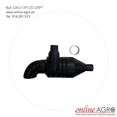 Componente preto para máquinas agrícolas com peça metálica circular, fundo branco, texto e logo online AGRO