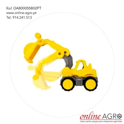 Brinquedo escavadora amarelo com rodas pretas em fundo branco circular