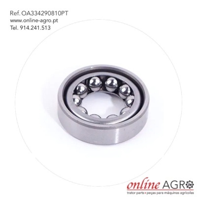 Rolamento de esferas metálico prateado com texto de referência e contacto