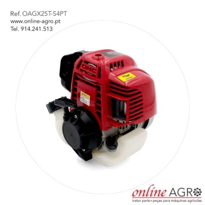 Motor agrícola pequeno vermelho e preto com depósito branco e etiquetas visíveis