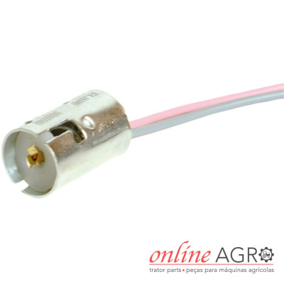 Conector metálico cilíndrico com fios rosa e cinza