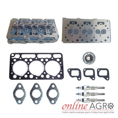 Conjunto de peças metálicas para motor agrícola com várias juntas e bujões em fundo branco.