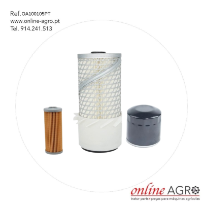 Três filtros para máquinas agrícolas em fundo branco, com texto Ref. OA100105PT e www.online-agro.pt
