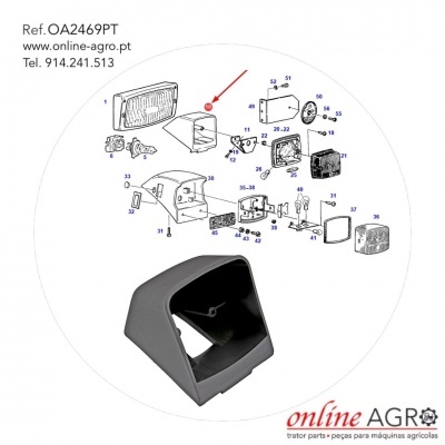 Peça plástica cinzenta e esquema técnico de peças para máquinas agrícolas com texto e logotipo online AGRO
