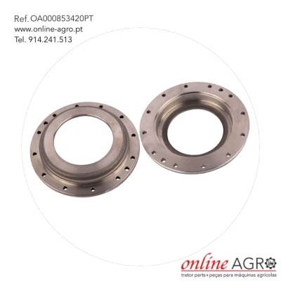 Peças metálicas circulares com furos em fundo branco com texto e logótipo