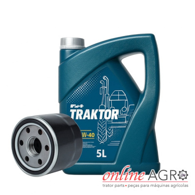 Óleo para tratores 5L com filtro metálico preto e embalagem azul