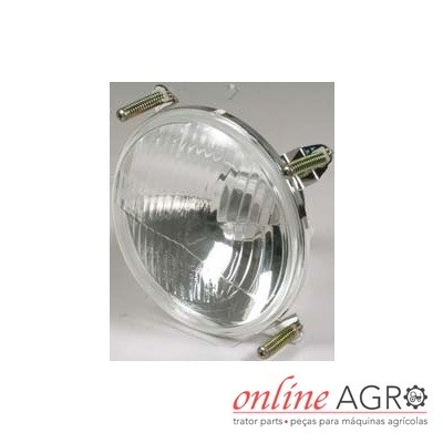 Farol redondo transparente com parafusos sobre fundo branco e logotipo Online Agro