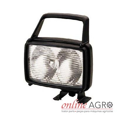 Luz retangular preta com lente transparente e suporte de fixação, com logotipo online AGRO.