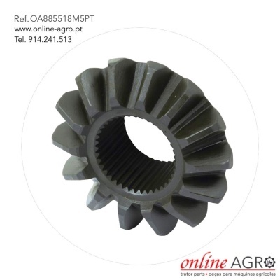 Engrenagem metálica cinzenta com dentes inclinados e texto informativo