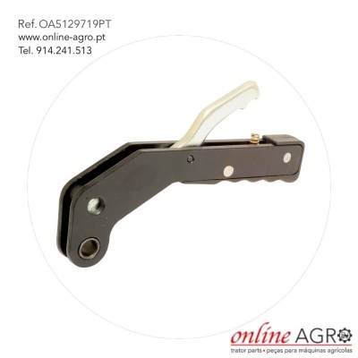 Ferramenta metálica preta com alavanca branca em fundo branco com texto de referência e contacto