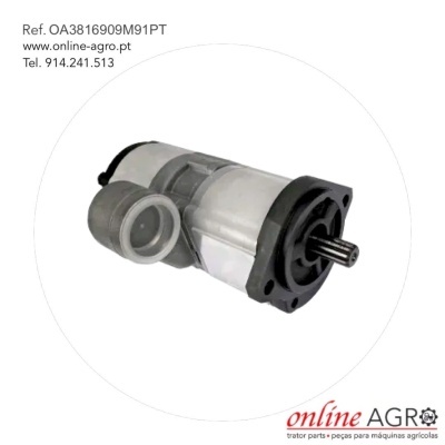 Peça mecânica metálica e plástica com texto e logótipo online AGRo sobre fundo branco