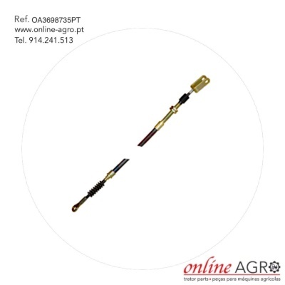 Cabo metálico com terminais dourados em fundo branco circular com texto de referência e contacto