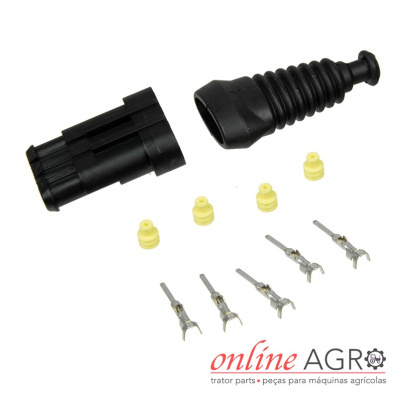 Peças de conector elétrico preto, pequenos vedantes amarelos, terminais metálicos prateados, logo online AGRO