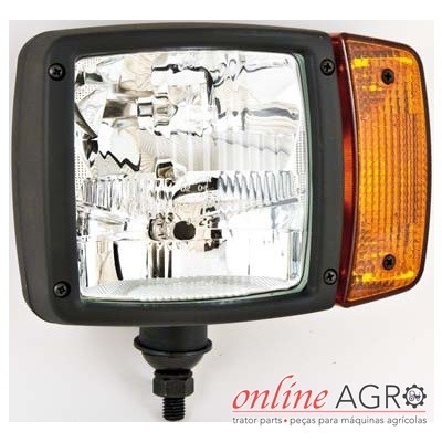 Farol quadrado com luz branca e painel lateral laranja para máquina agrícola