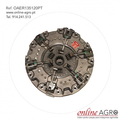 Peça mecânica circular metálica com molas e ganchos, etiqueta vermelha e texto de contacto