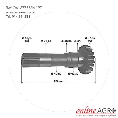 Eixo metálico com engrenagem e medidas em milímetros sobre fundo branco