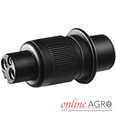 Conector elétrico preto com textura estriada e compartimentos circulares