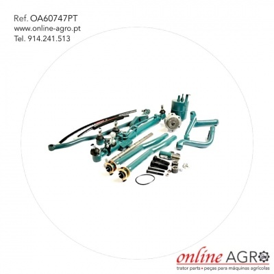 Conjunto de peças metálicas azuis para máquinas agrícolas com texto de contacto