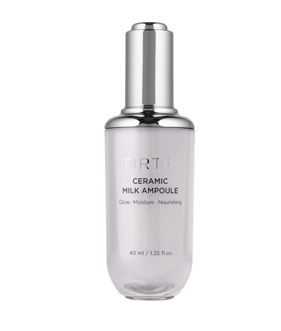 Frasco translúcido branco com tampa prateada do produto TIRTIR Ceramic Milk Ampoule