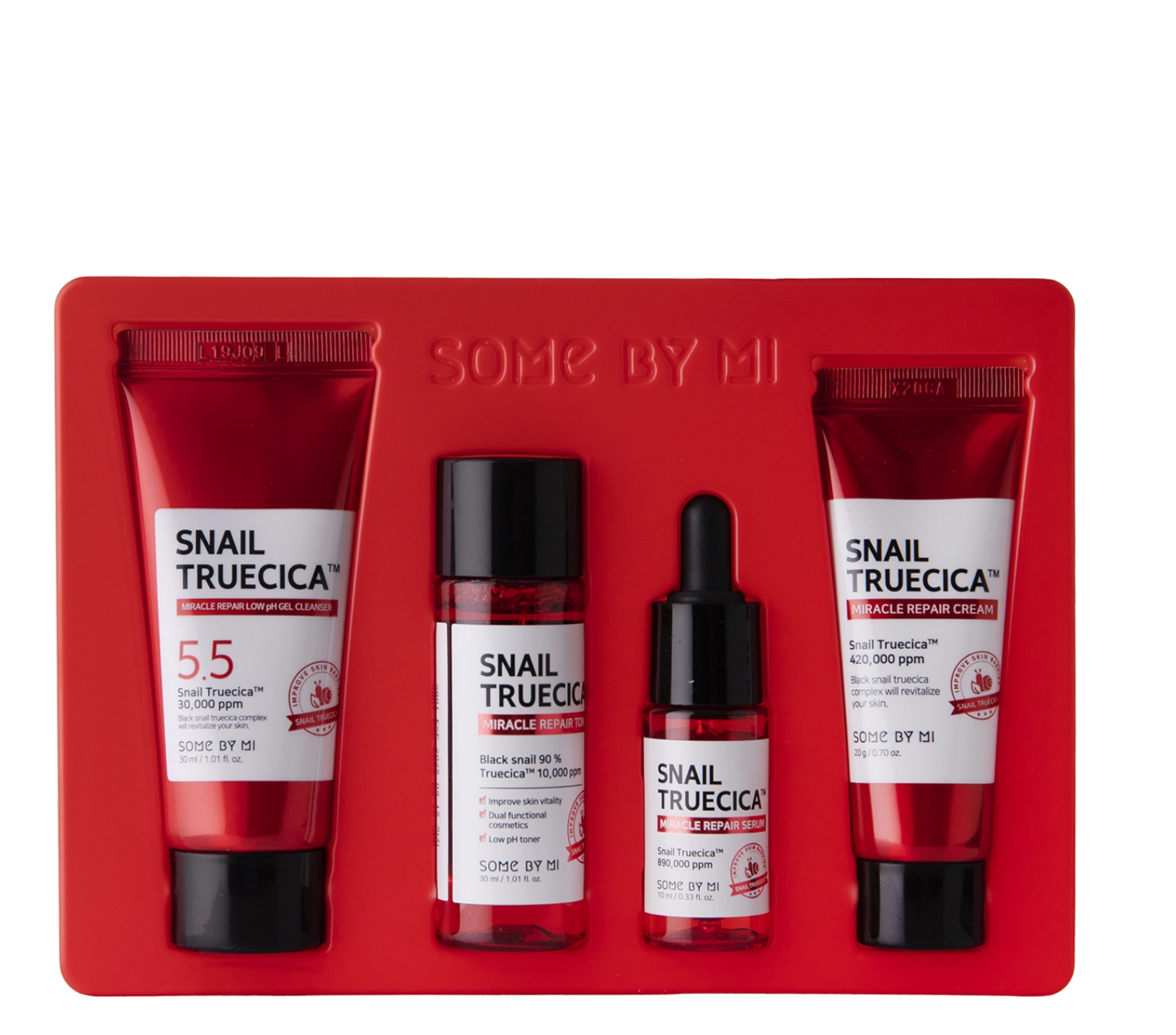 Conjunto skincare SOME BY MI Snail Truecica com quatro produtos em embalagem vermelha e preta