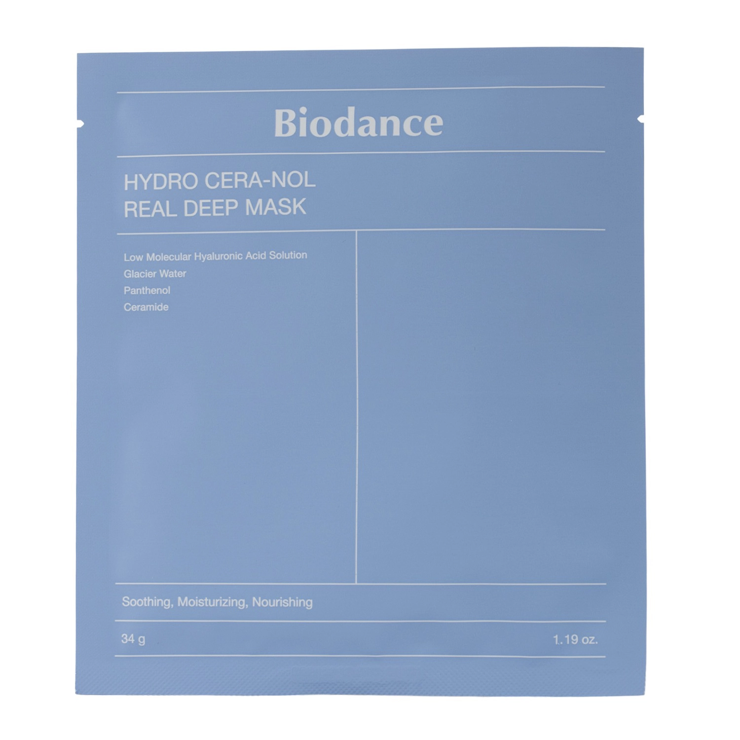 Embalagem azul de máscara facial Biodance Hydro Cera-Nol Real Deep Mask com texto branco