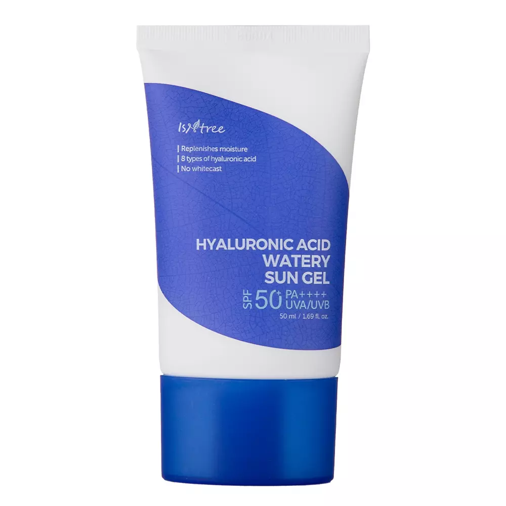 Gel solar branco e azul com texto em inglês, embalagem de 50ml