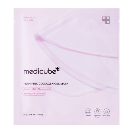 Embalagem de máscara facial Medicube rosa claro com texto e ícones