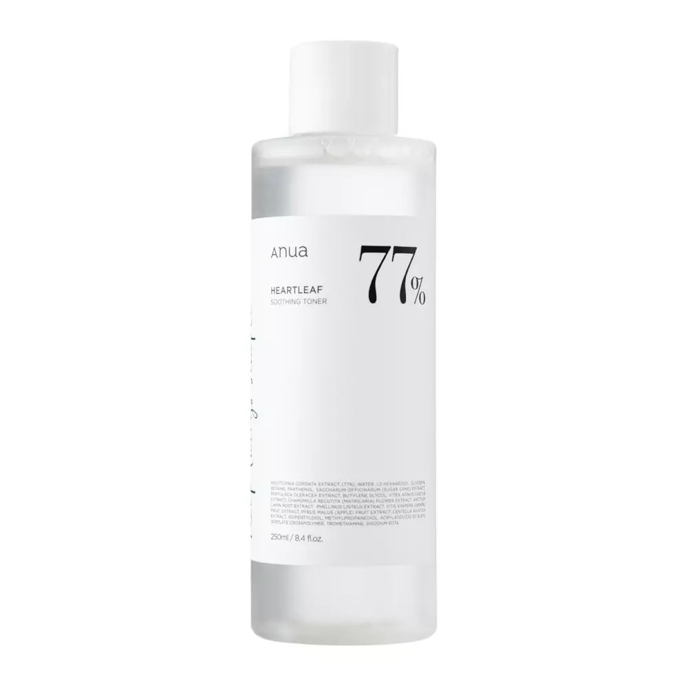 Garrafa de toner calmante transparente com tampa branca e rótulo branco com texto preto