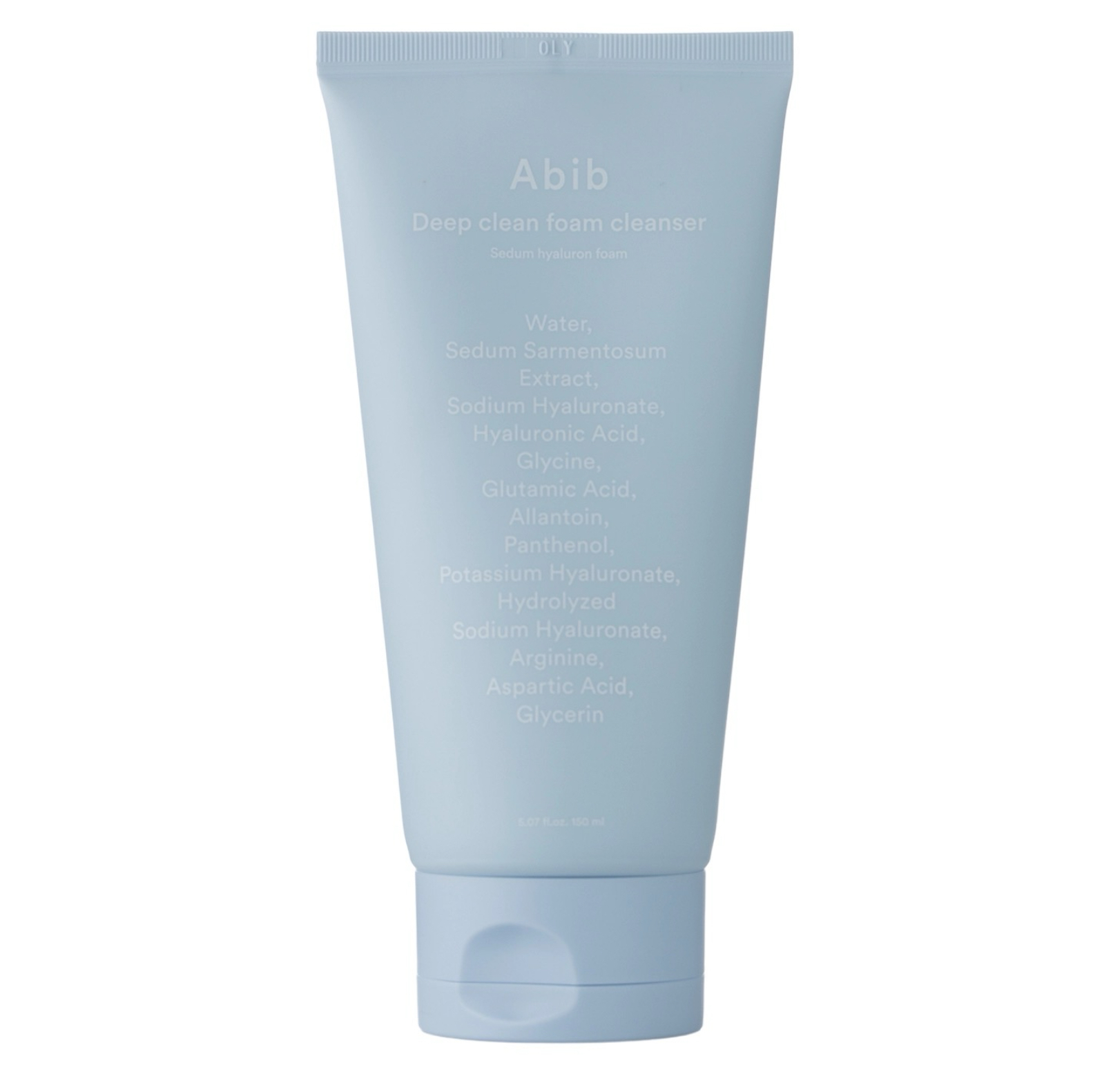 Frasco azul claro fosco em forma de tubo com texto branco do produto Abib Deep Clean Foam Cleanser