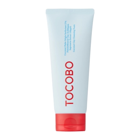 Frasco de creme TOCOBO branco com tampa vermelha e texto azul e vermelho