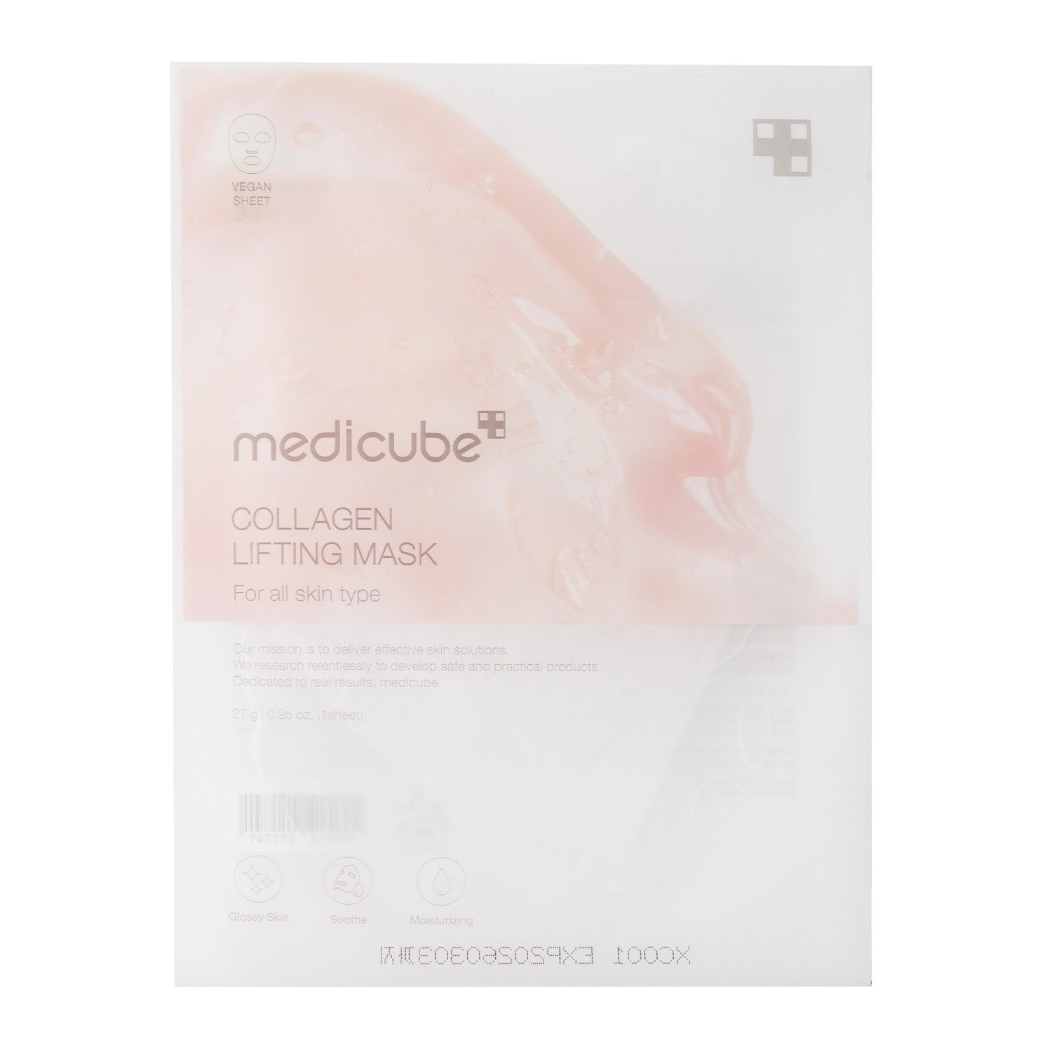 Máscara facial Medicube Collagen Lifting Mask embalagem branca com detalhe rosa