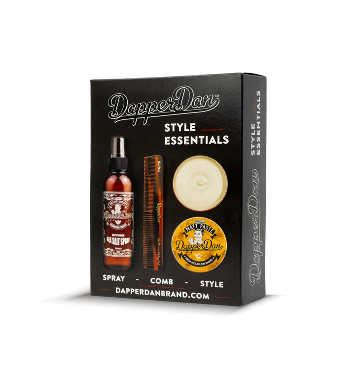 Pack Dapper Dan Style Essentials com spray, pente, e cera para cabelo