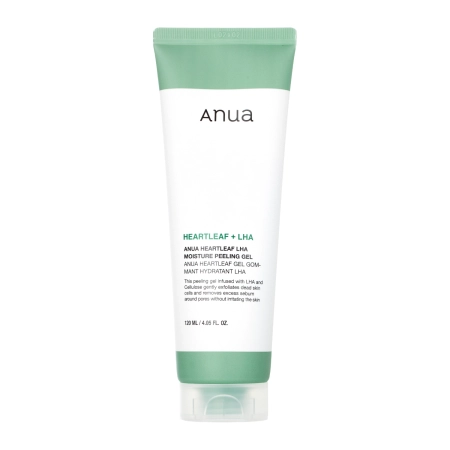 Tubo branco e verde-água de gel peeling hidratante Anua com texto na embalagem