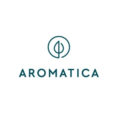 Logótipo da marca Aromatica com uma folha dentro de um círculo