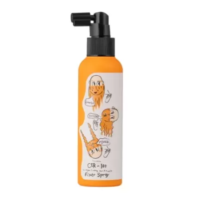 Frasco de spray fixador CER-100 laranja com tampa preta e ilustrações no rótulo