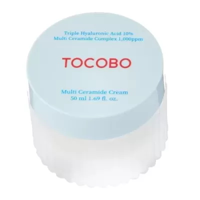 Frasco de creme TOCOBO Multi Ceramide Cream com tampa azul clara e texto vermelho e azul