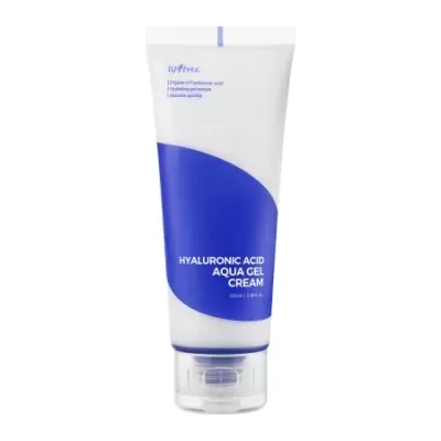 Embalagem de creme facial azul e branca com tampa transparente